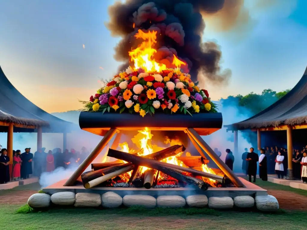 Un ritual funerario basado en fuego: una pira tradicional adornada con tallados de madera y flores coloridas, con llamas elevándose y participantes en una emotiva ceremonia