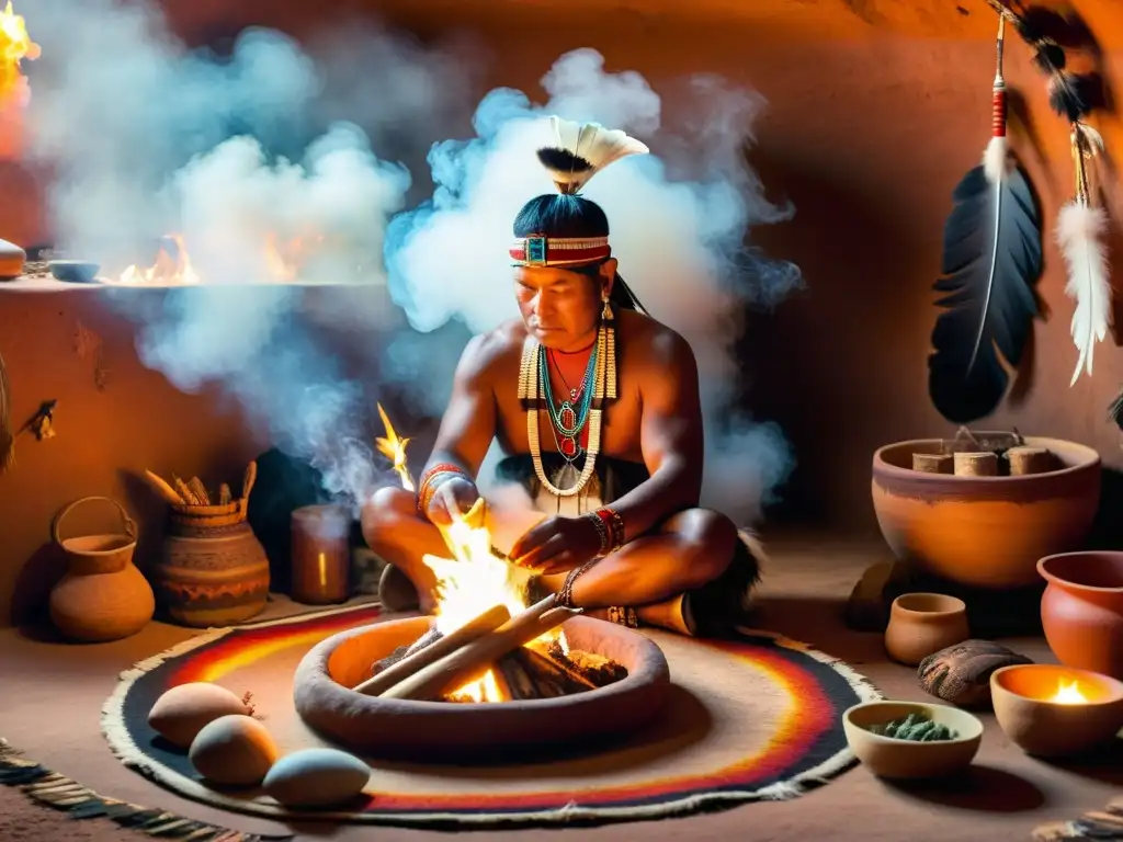 Un ritual de curación navajo en un hogan, con humo, un chamán y objetos sagrados