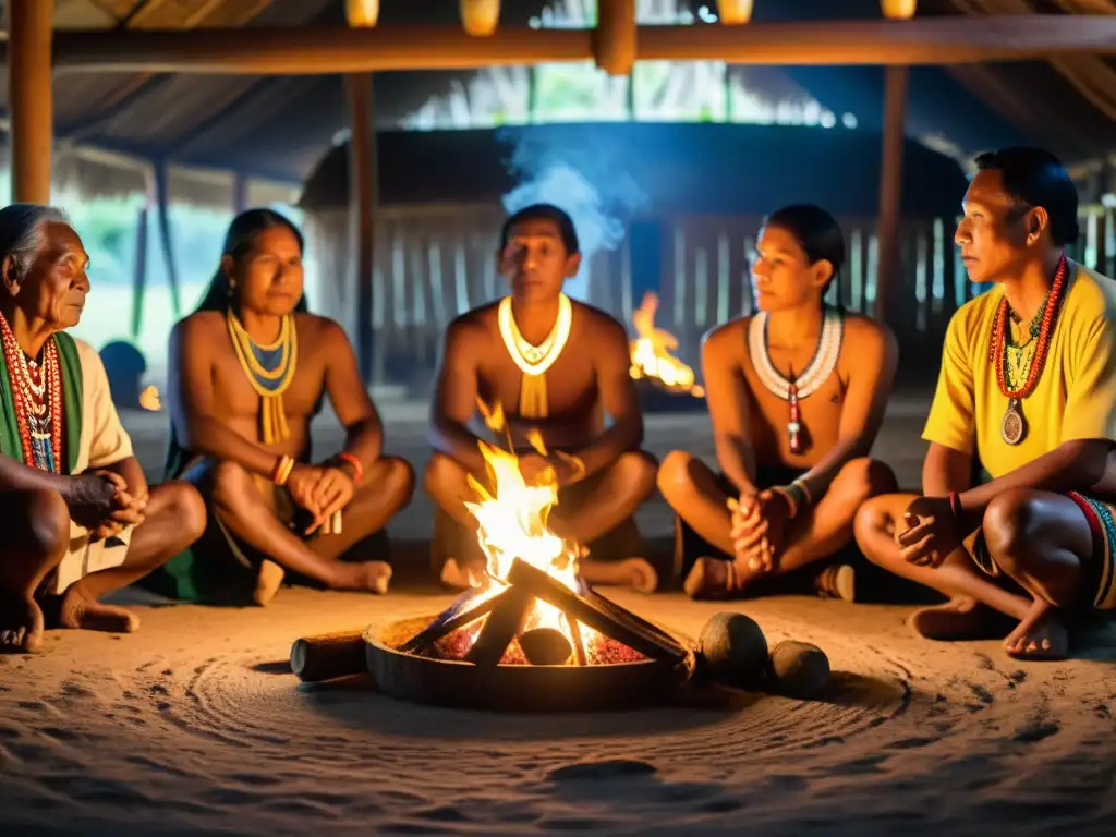 Un ritual indígena en una casa tradicional iluminada por el fuego, preservando la cultura a través de aplicaciones modernas