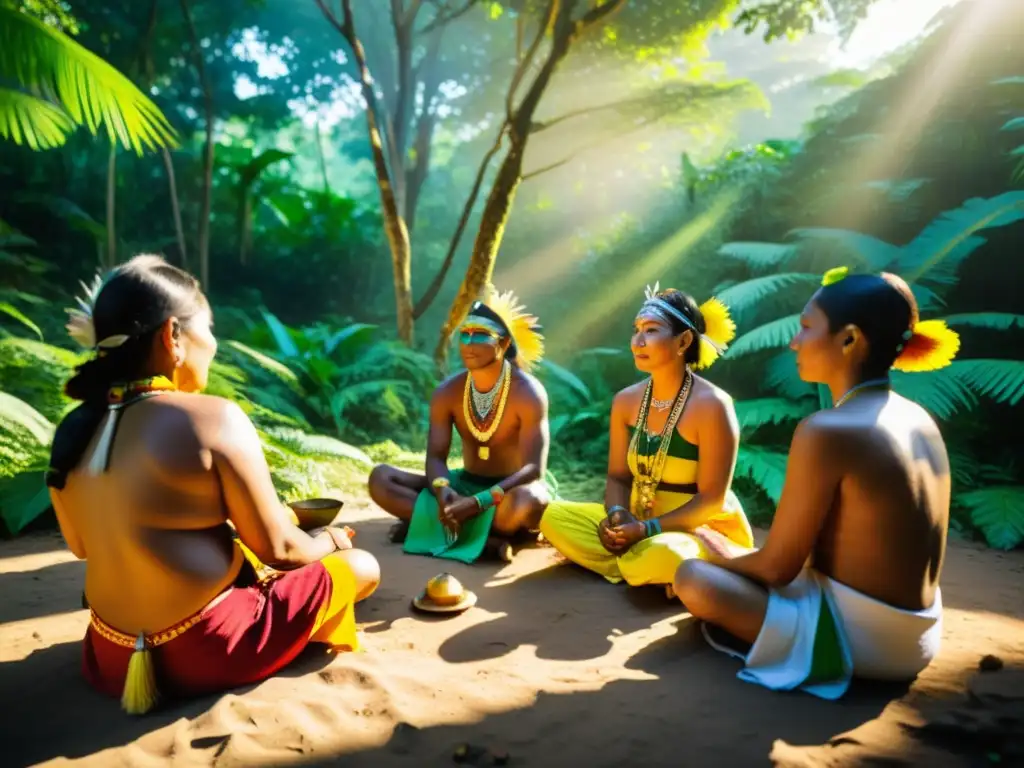 Un ritual indígena en la selva: atuendos coloridos, pintura corporal y ofrendas en un escenario de luz dorada