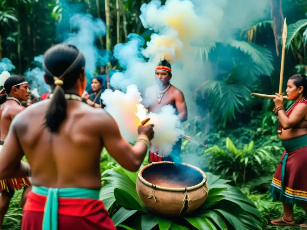 Ritual indígena en la selva: detalles de atuendos ceremoniales, danzas al ritmo de tambores y humo de hierbas sagradas