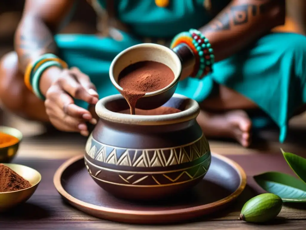 Un ritual de indulgencia con chocolate: un chamán prepara el antiguo elixir de cacao en una ceremonia maya, concentrado y místico