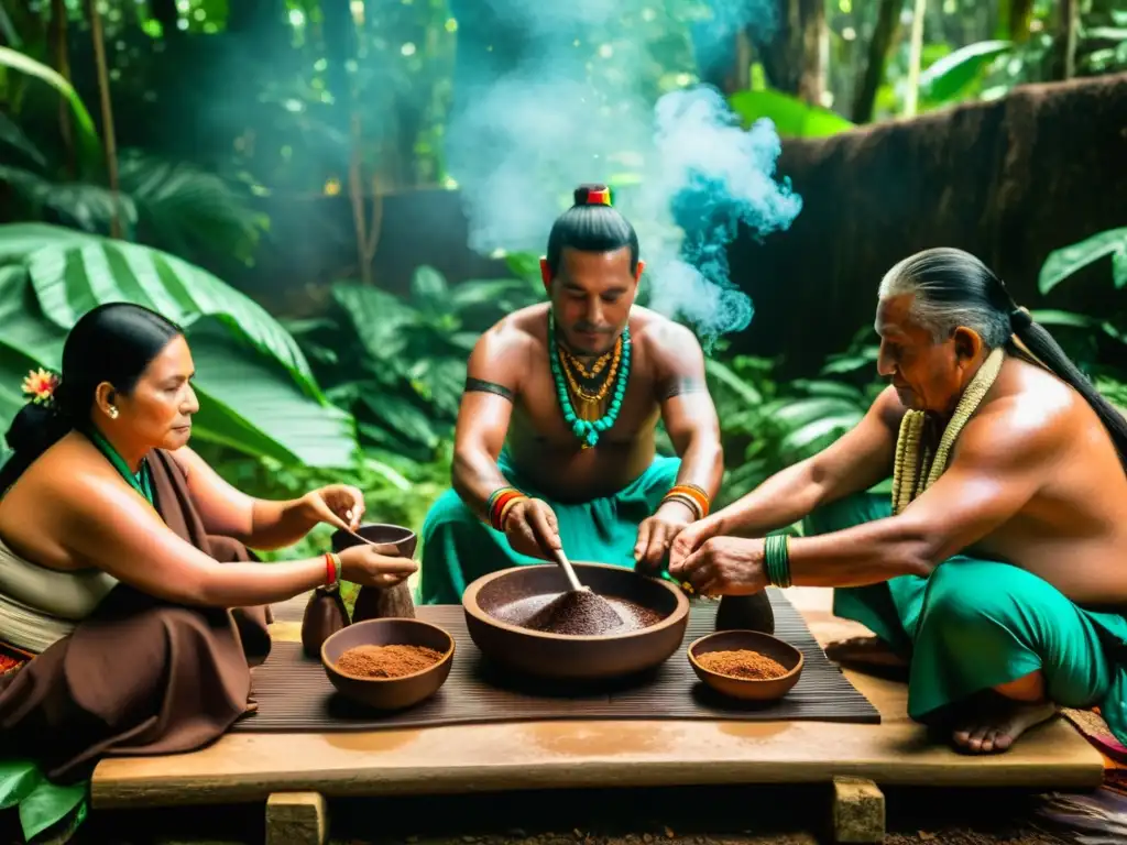 Ritual de indulgencia con chocolate: Ceremonia maya en la selva con cacao, elders y naturaleza exuberante