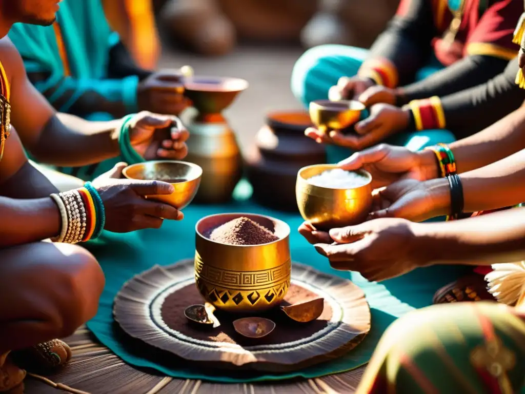 Ritual de indulgencia con chocolate: Ceremonia maya del cacao con chaman y participantes en un ambiente cálido y espiritual