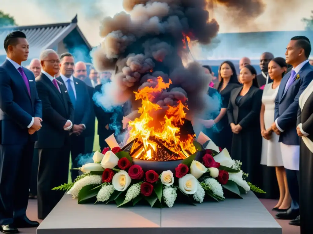 Un ritual de cremación con intensas llamas y coloridas arreglos florales, simbolismos ceremonias cremación