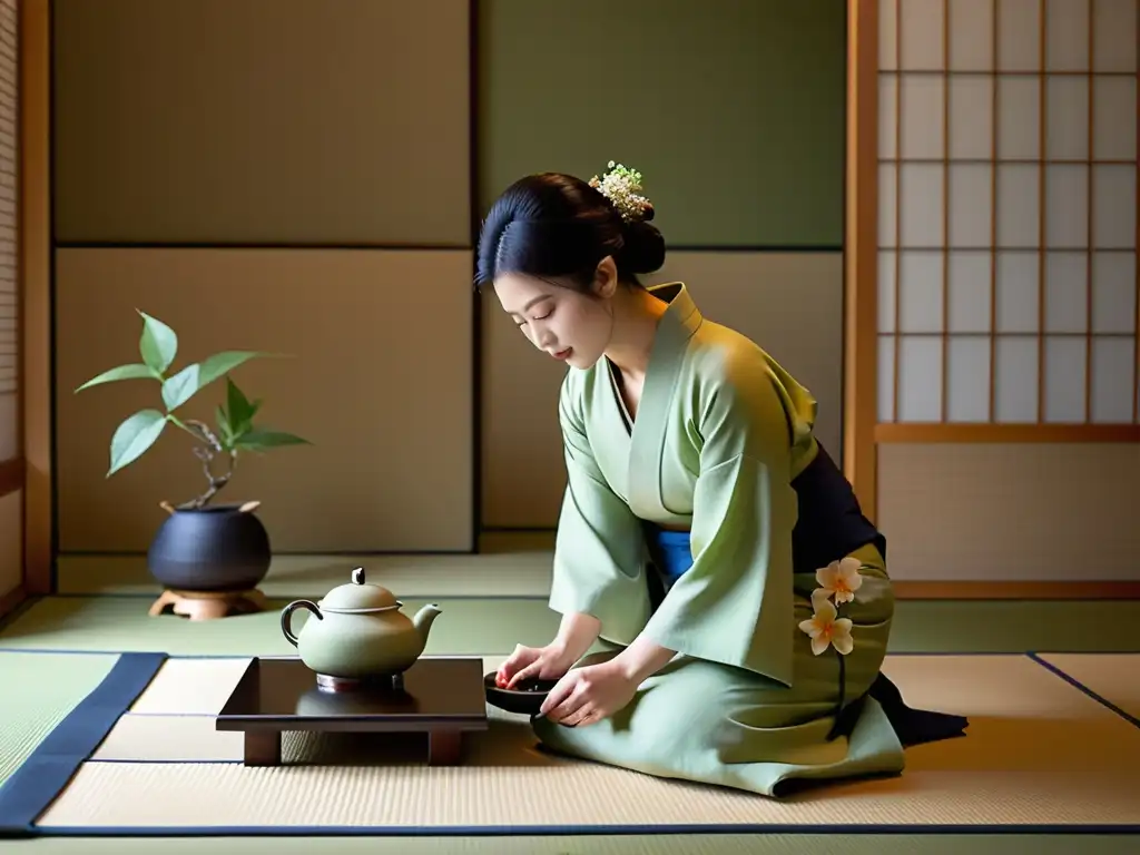 Ritual japonés del té: ceremonia tranquila en tatami, con kimono, té y arreglos florales, reflejando armonía y serenidad