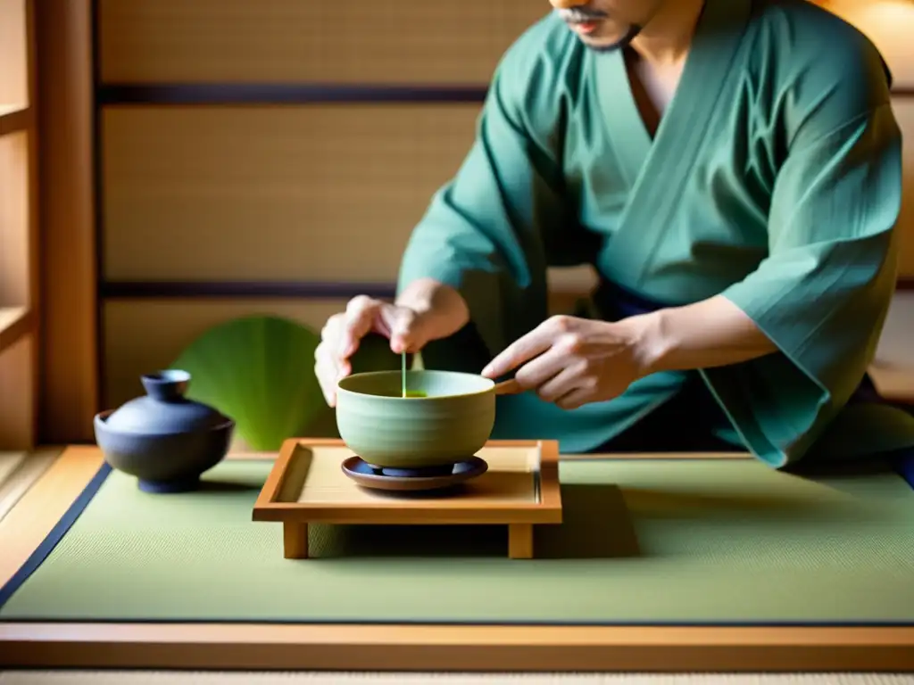 Un ritual de té japonés espiritual se lleva a cabo en una tranquila sala de tatami, con una atmósfera serena y elegante