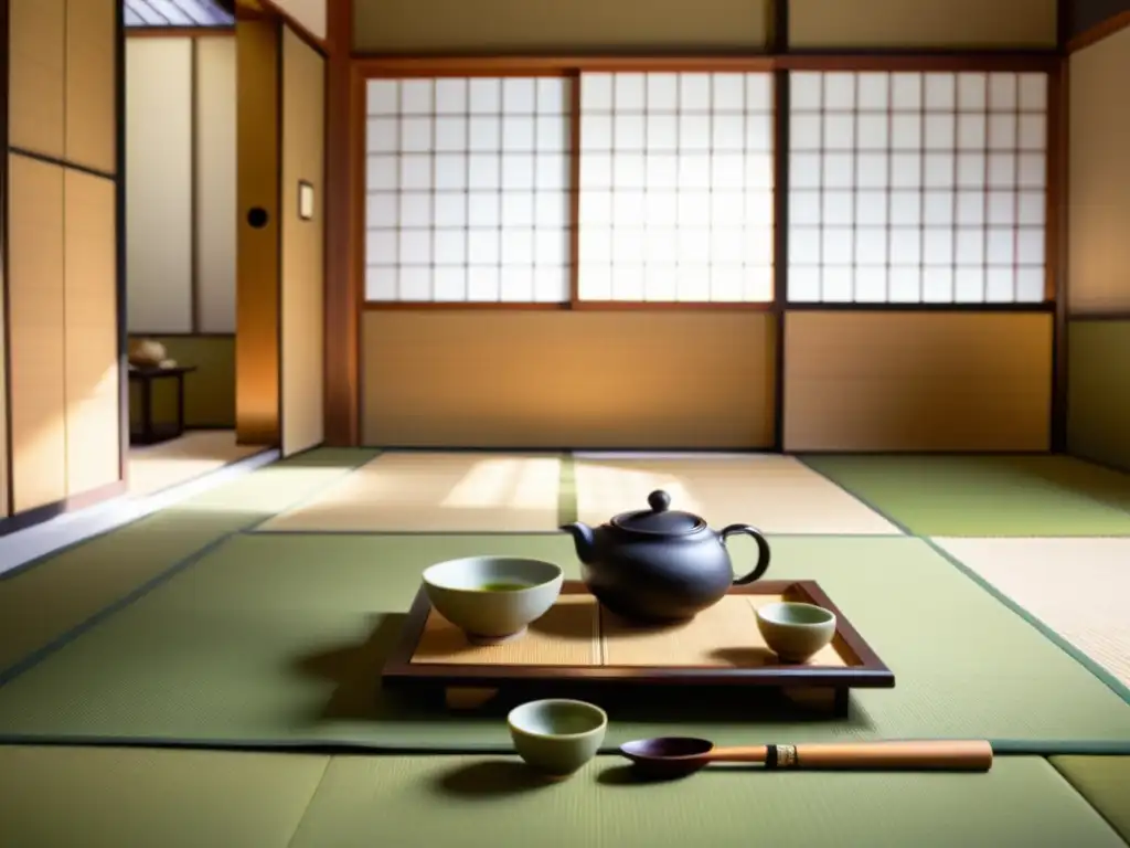 Ritual de té japonés en sala tatami con utensilios tradicionales y atmósfera serena