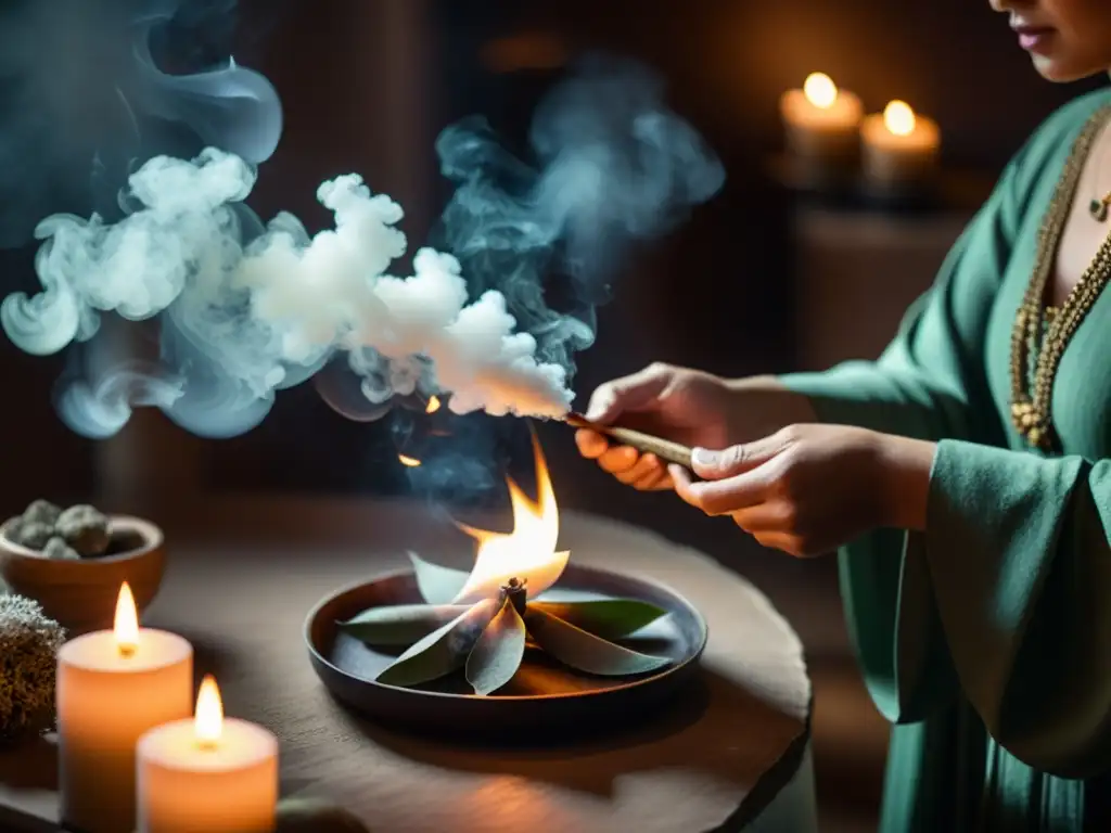 Un ritual de limpieza espiritual en un ambiente tenue, con humo de salvia y objetos simbólicos, crea una atmósfera mística