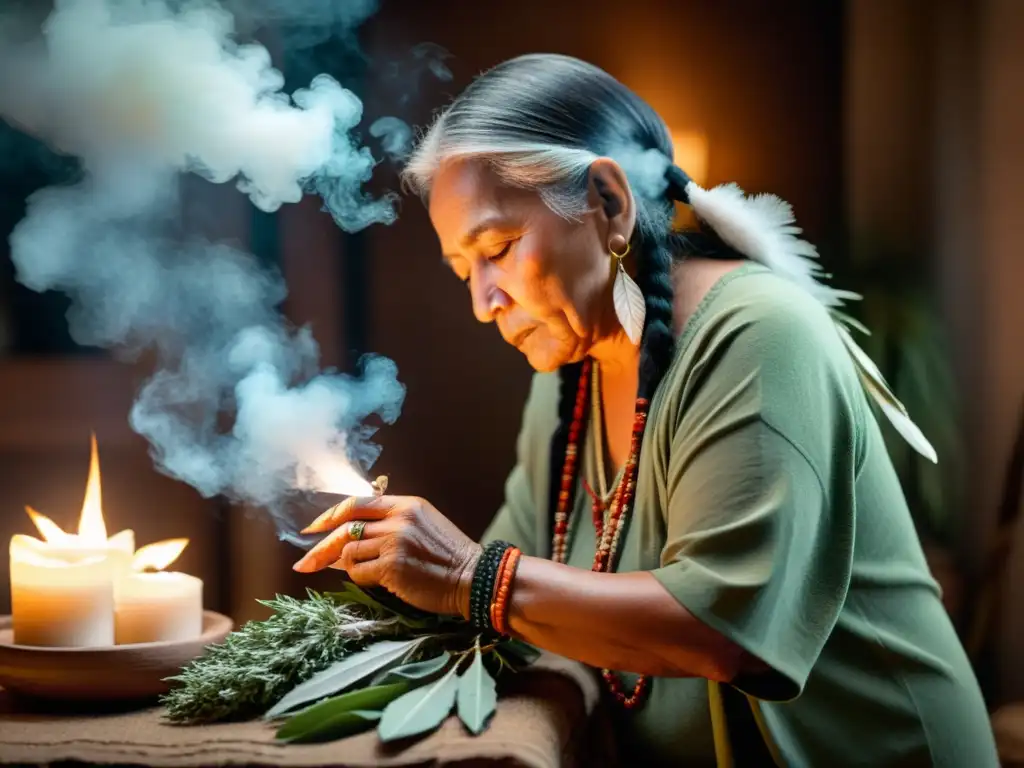 Ritual de limpieza espiritual hogar: Anciana realiza un sagrado ritual nativo con humo de salvia en una habitación iluminada por velas