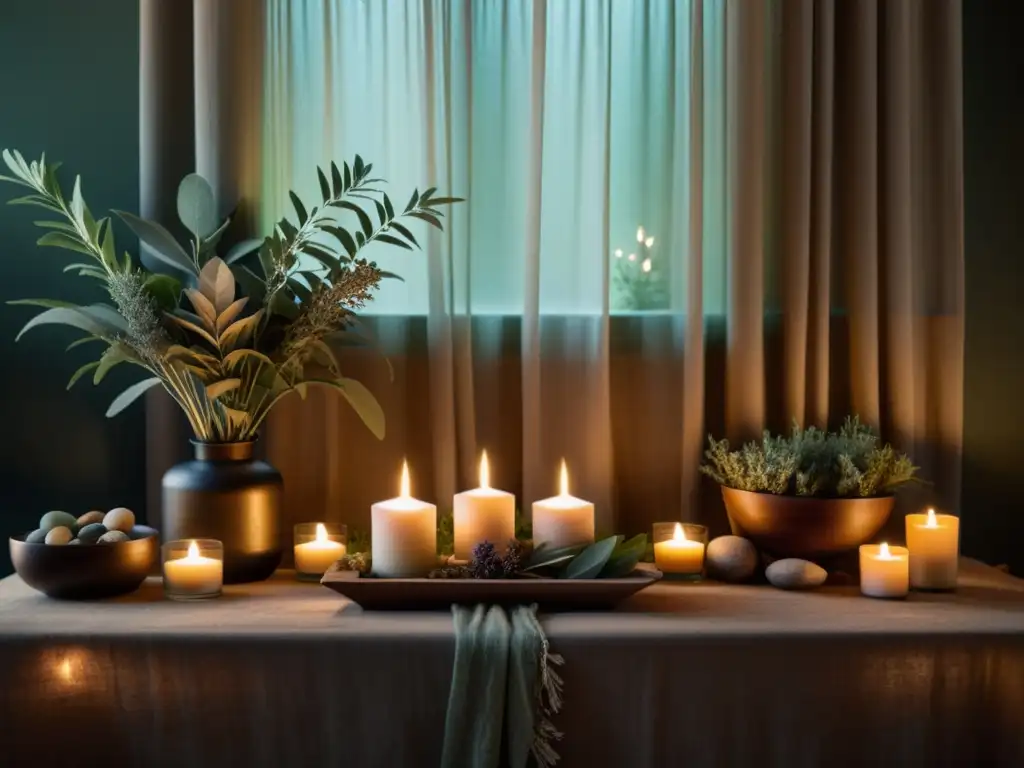 Decoración de ritual de Luna Nueva con aromaterapia, espiritualidad y tranquilidad en una habitación serena