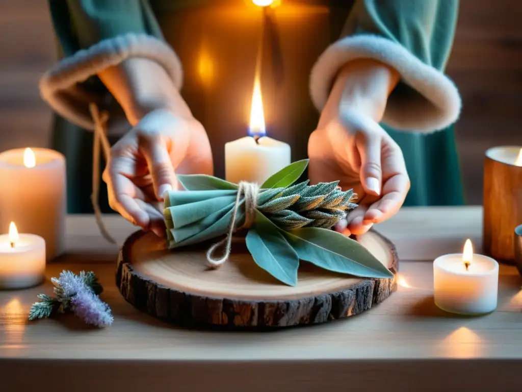 Ritual de Luna Nueva para renovación: Manos sostienen salvia sobre cristales y velas en un altar de madera, creando una atmósfera tranquila y mística