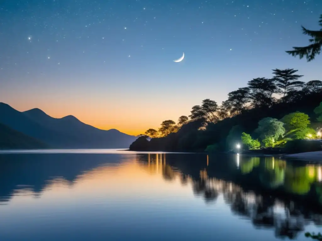 Un ritual de Luna Nueva para renovación: Una noche serena bajo la luna, un reflejo plateado en el agua, un ritual tranquilo en la distancia