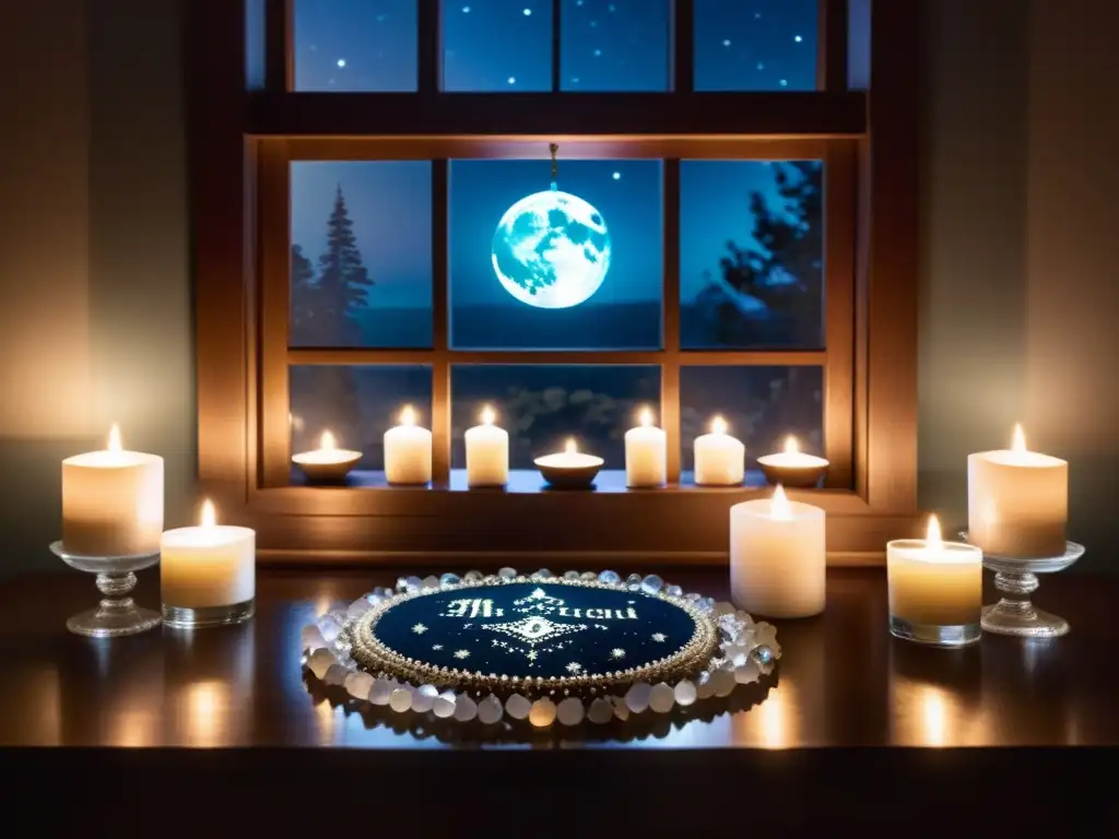 Decoración para ritual de Luna Nueva: habitación serena iluminada por la luz lunar, con elementos decorativos artesanales y cristales