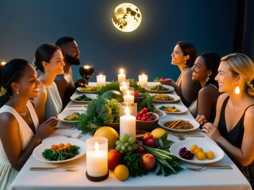 Un ritual lunar gastronómico: personas reunidas alrededor de una mesa bellamente decorada con comida estacional, iluminada por suave luz de velas