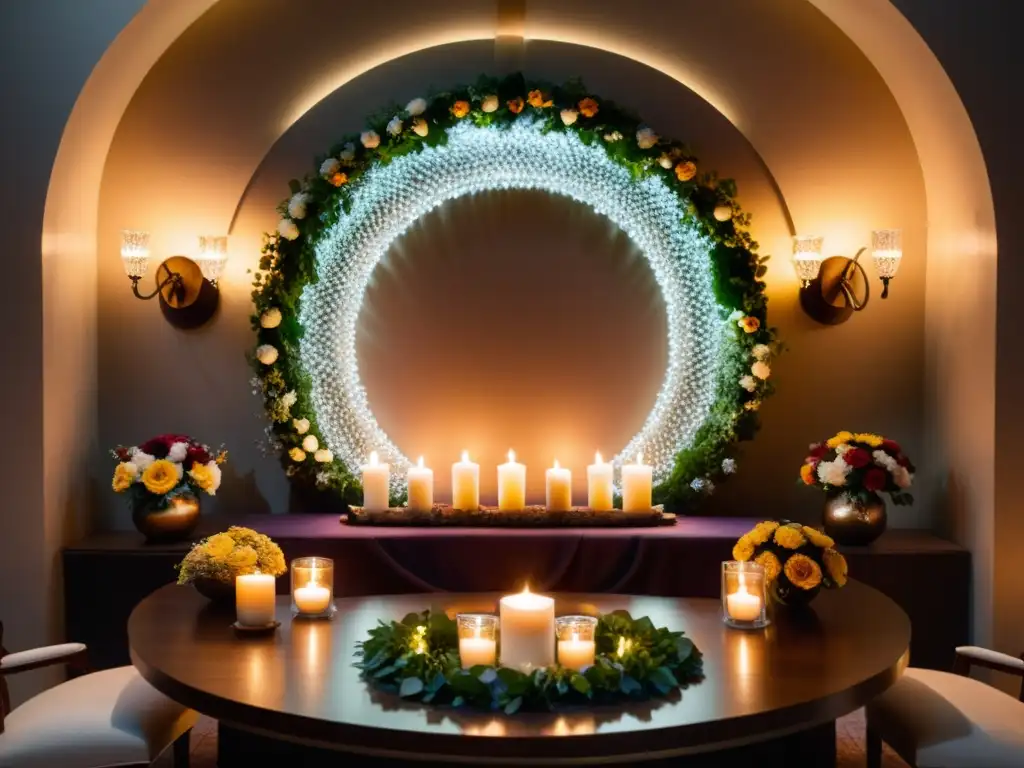 Ritual de decoración lunar en una habitación iluminada con velas, cristales y una mesa de madera adornada con elementos místicos