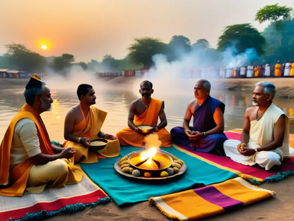 Ritual hindú Pancha Mahayajna junto al río sagrado Hindúes realizando el ritual Pancha Mahayajna junto al río, con ofrendas y mantras, en una escena espiritual y serena