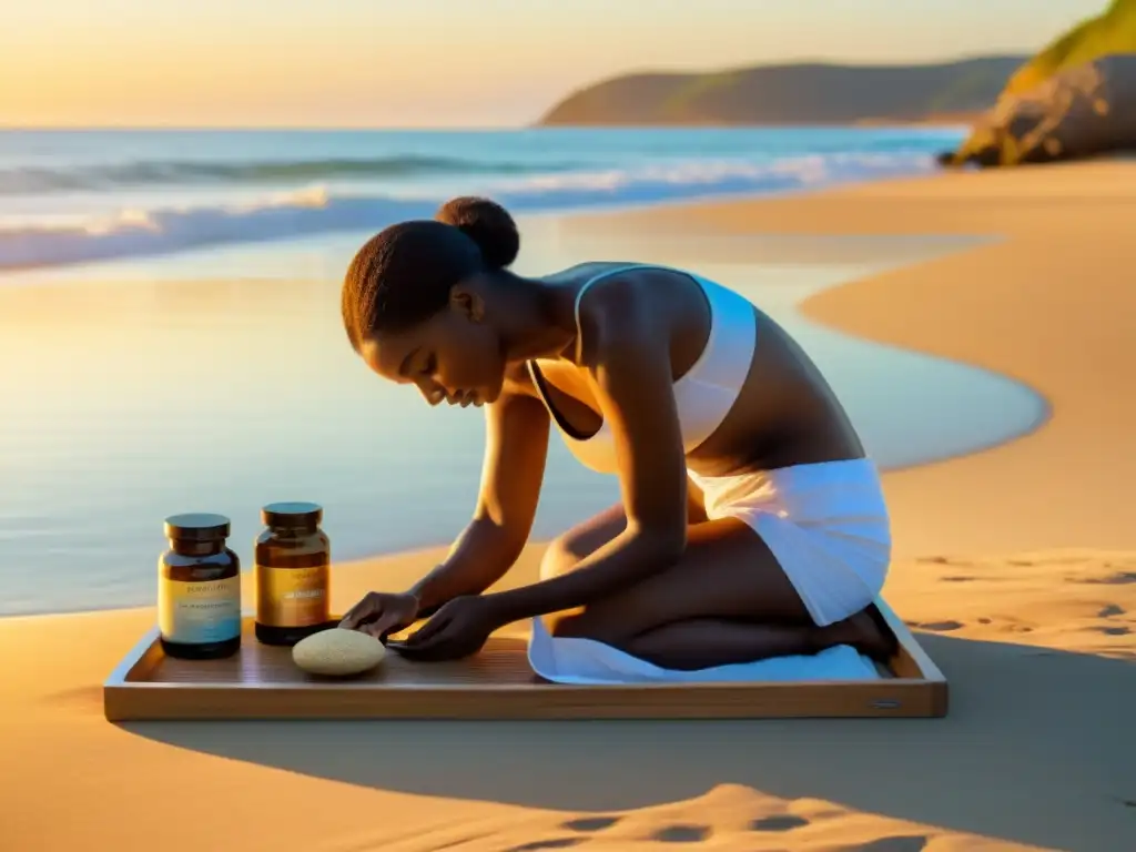 Un ritual matutino en la costa, con suplementos marinos, bajo la cálida luz del amanecer