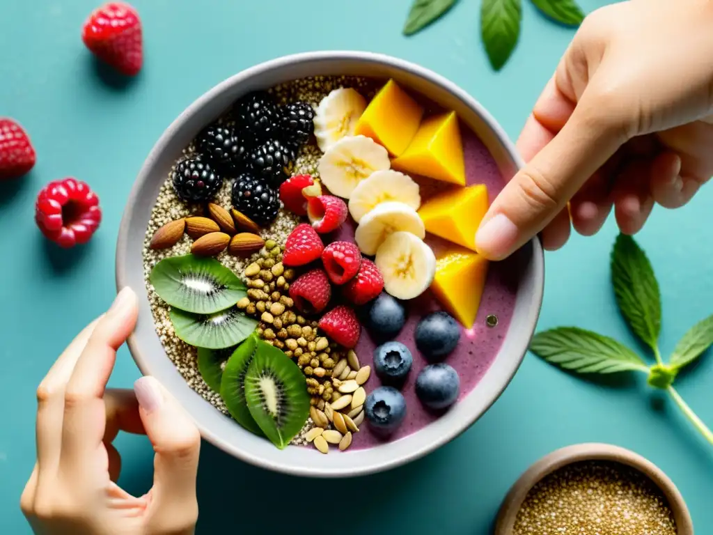 Un ritual matutino con semillas sagradas: mano esparciendo chía, linaza y cáñamo sobre un bowl de smoothie