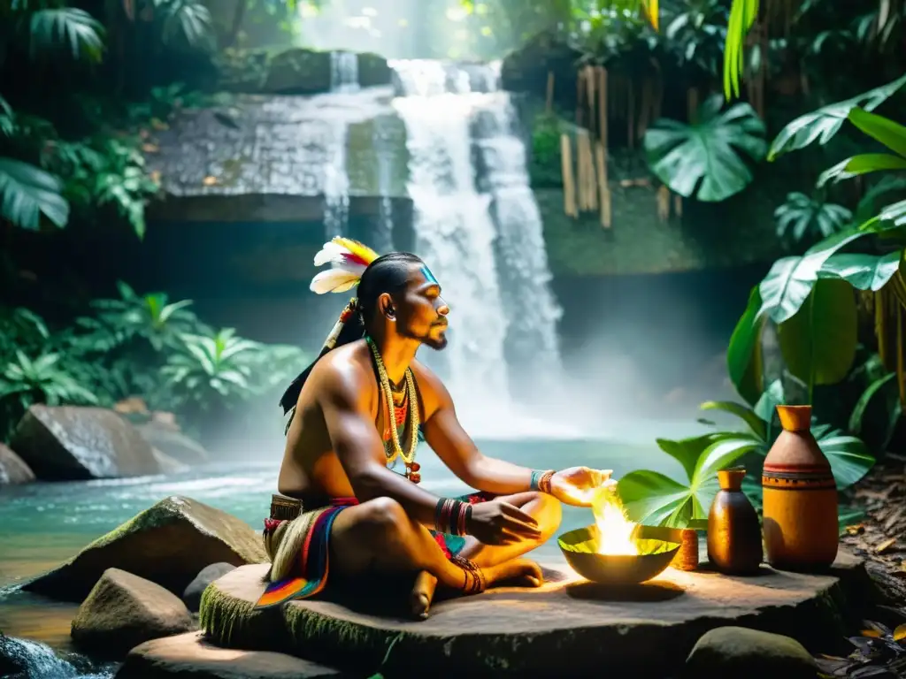 Ritual maya de renovación con agua sagrada en la exuberante selva, junto a una cascada cristalina y la luz cálida filtrándose entre la vegetación