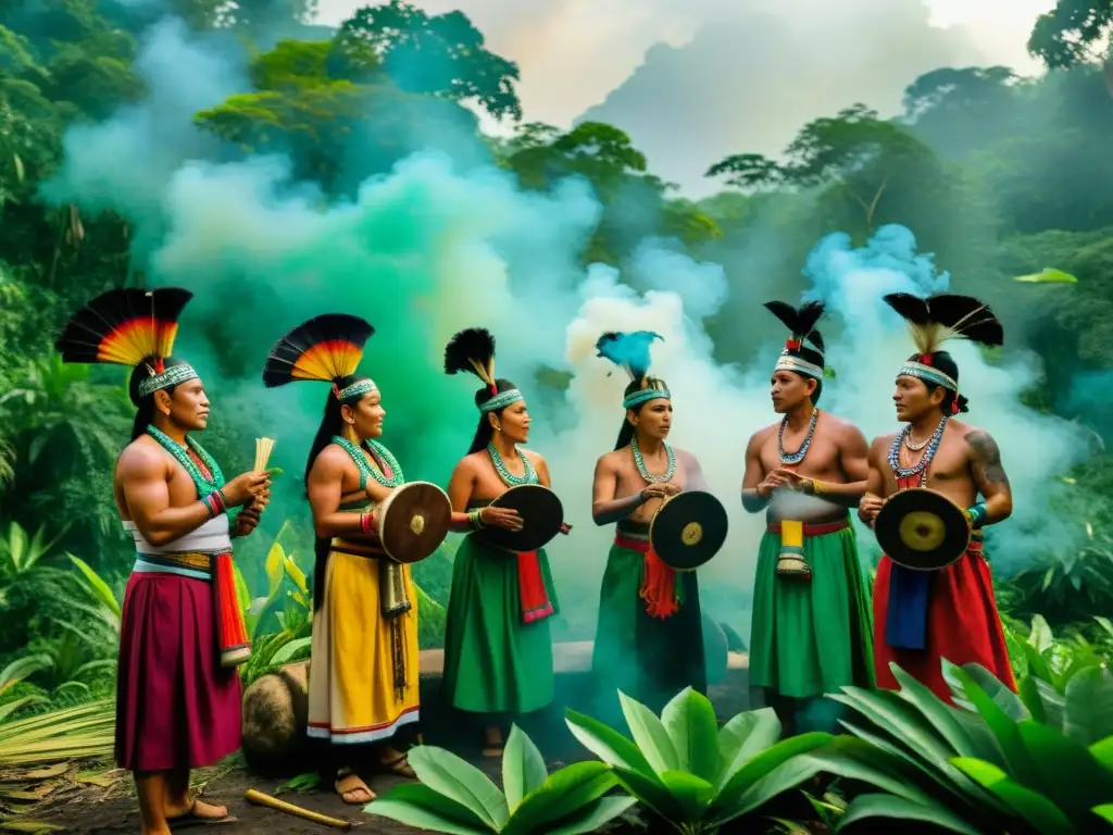 Un ritual maya antiguo se representa en la imagen, con chamanes realizando una ceremonia tradicional en una clara y exuberante selva