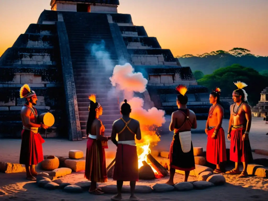 Ritual maya al atardecer con chamanes alrededor de una hoguera, en ruinas con luz dorada