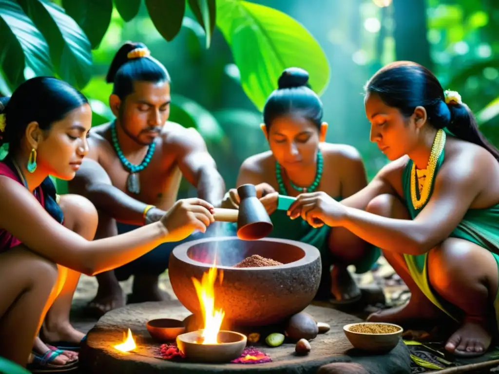 Un ritual maya de cacao en la selva: hombres y mujeres vistiendo trajes tradicionales muelen granos de cacao en un mortero de piedra