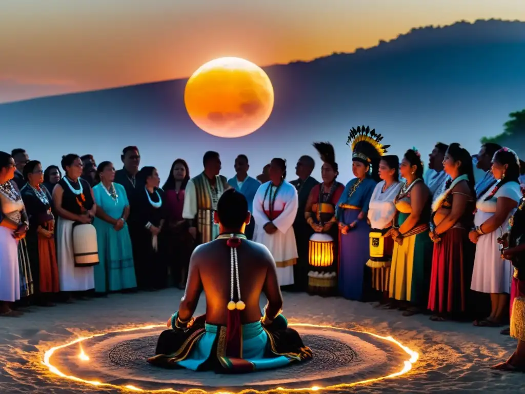 Un ritual maya durante un eclipse solar, con un chamán realizando gestos ceremoniales ante una multitud