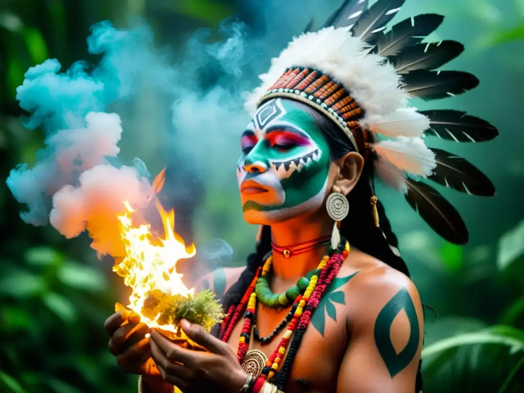 Ritual de purificación maya en la jungla con elementos decorativos y chamán realizando danza sagrada