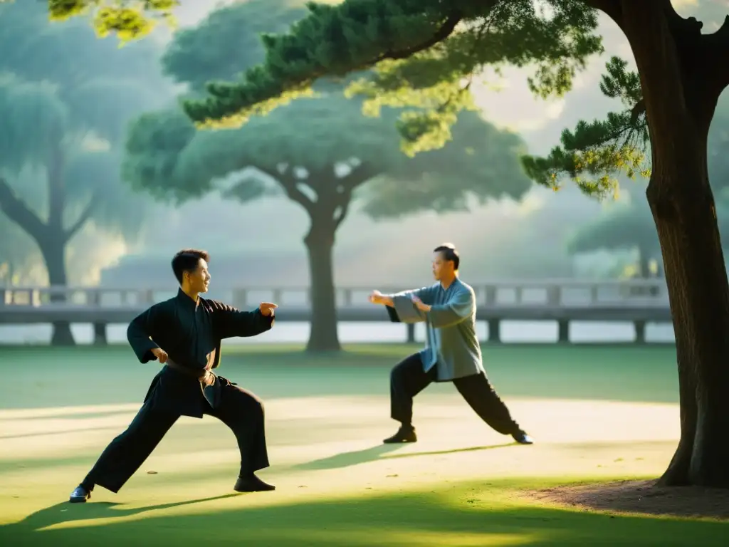 Ritual milenario Tai Chi equilibrio: Practicantes de Tai Chi en un parque al amanecer, envueltos en serenidad y movimientos fluidos