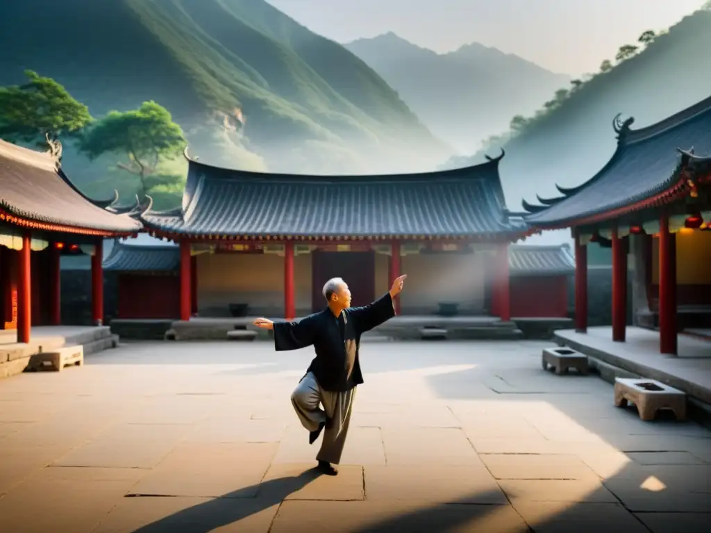 Ritual milenario Tai Chi equilibrio: Monasterio taoísta en montañas neblinosas, maestros de Tai Chi practican al amanecer con serenidad