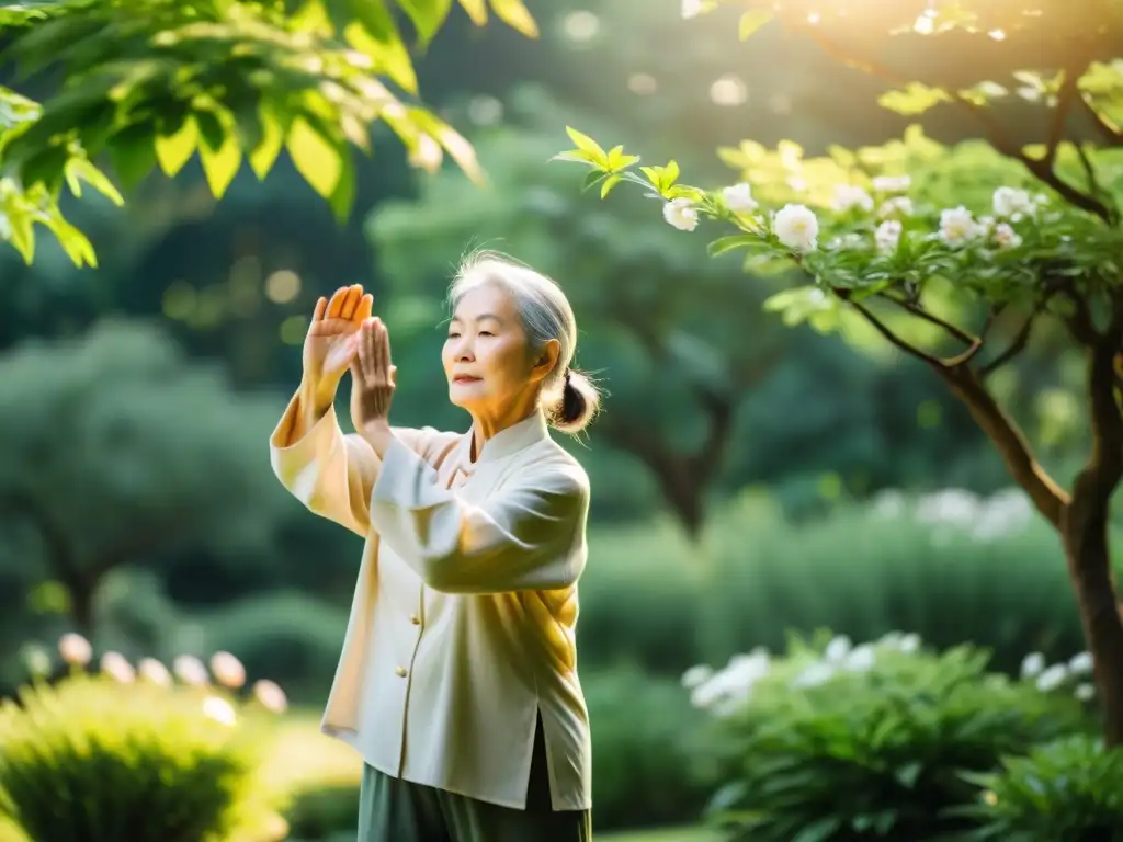 Ritual milenario de Tai Chi en jardín sereno, rodeado de naturaleza exuberante y flores, transmitiendo armonía y equilibrio