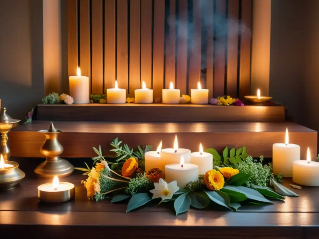 Ritual místico en casa: altar decorado con velas, hierbas aromáticas y ofrendas simbólicas, creando una atmósfera serena y mística