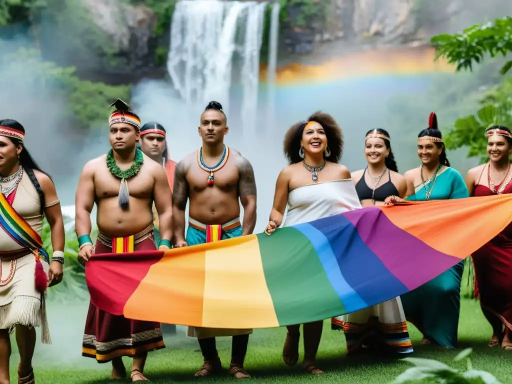 Ritual LGBTQ+ en la naturaleza con participantes diversos, celebrando la diversidad y la unidad en diferentes culturas