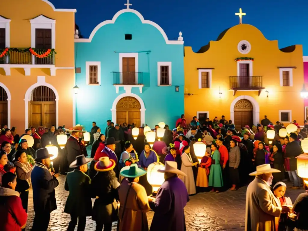 Ritual navideño latinoamericano Las Posadas: Celebración colorida en la plaza mexicana llena de música, luces y alegría