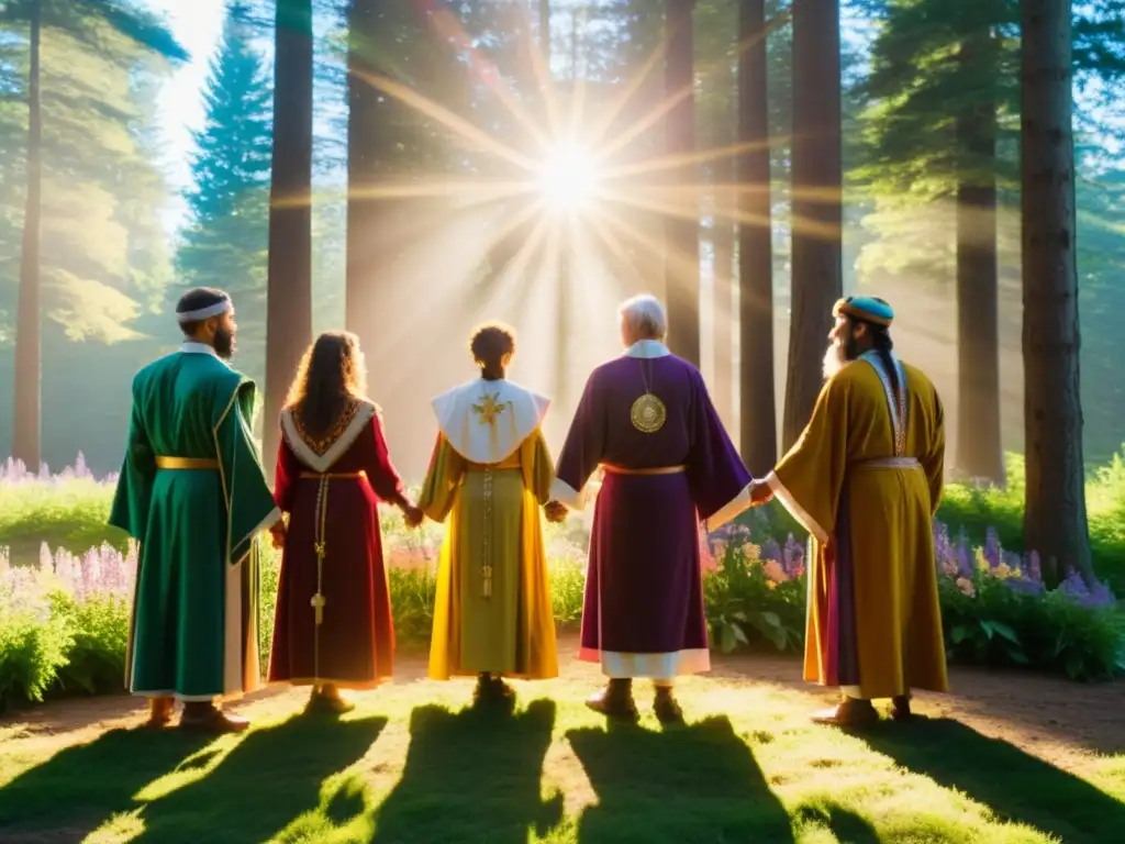 Ritual neopagano en el bosque para celebrar Lughnasadh, simbolizando la abundancia y conexión con la naturaleza