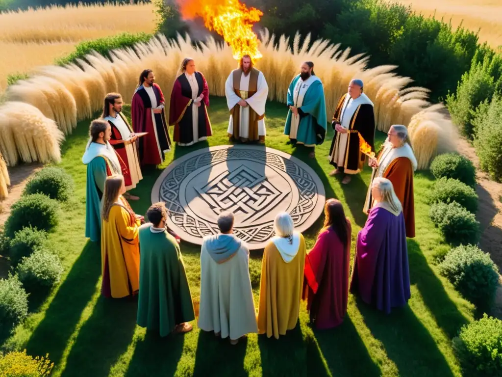 Ritual neopagano de Lughnasadh con fuego sagrado, símbolos celtas y cosecha en un claro soleado