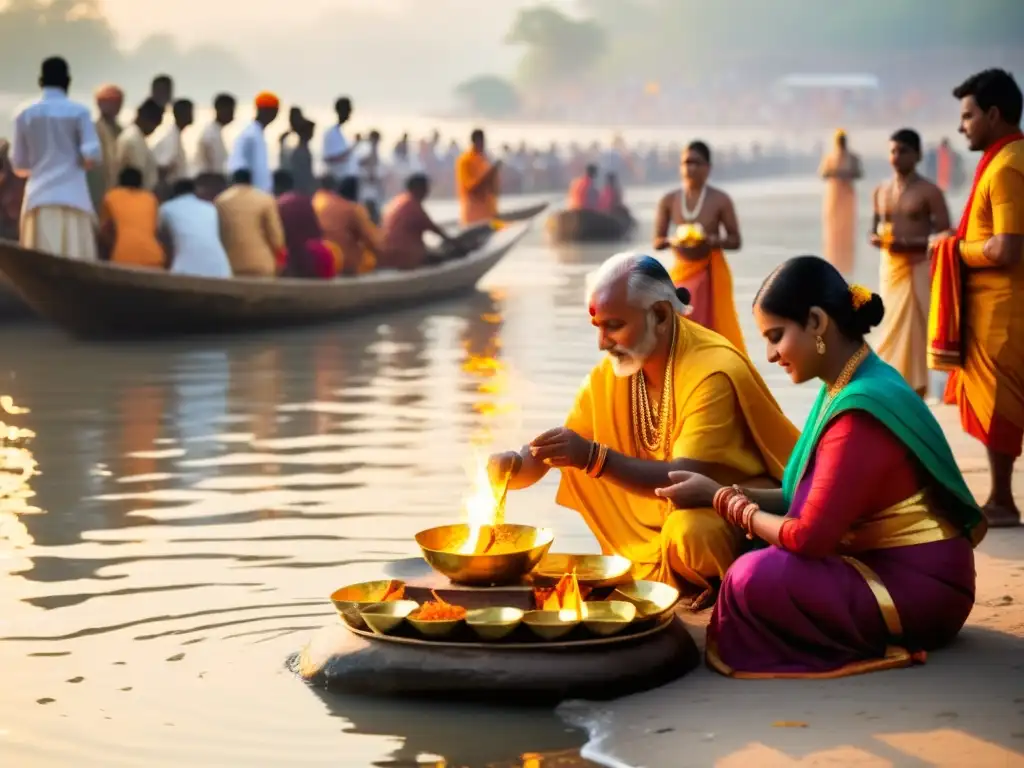 Un ritual hindú a orillas del río Ganges, con participantes coloridos y ofrendas, reflejando la rica tradición en la sociedad moderna