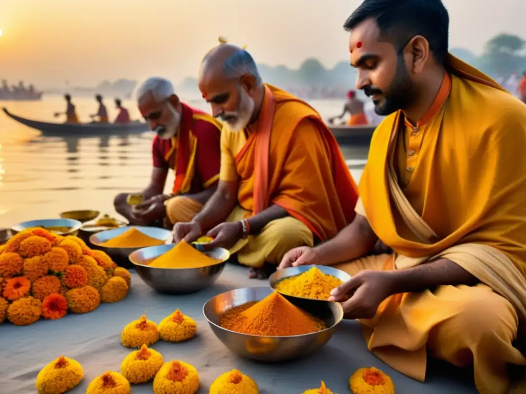 Ritual hindú a orillas del Ganges, con sacerdotes en atuendos vibrantes y ofrendas, bajo la cálida luz del atardecer