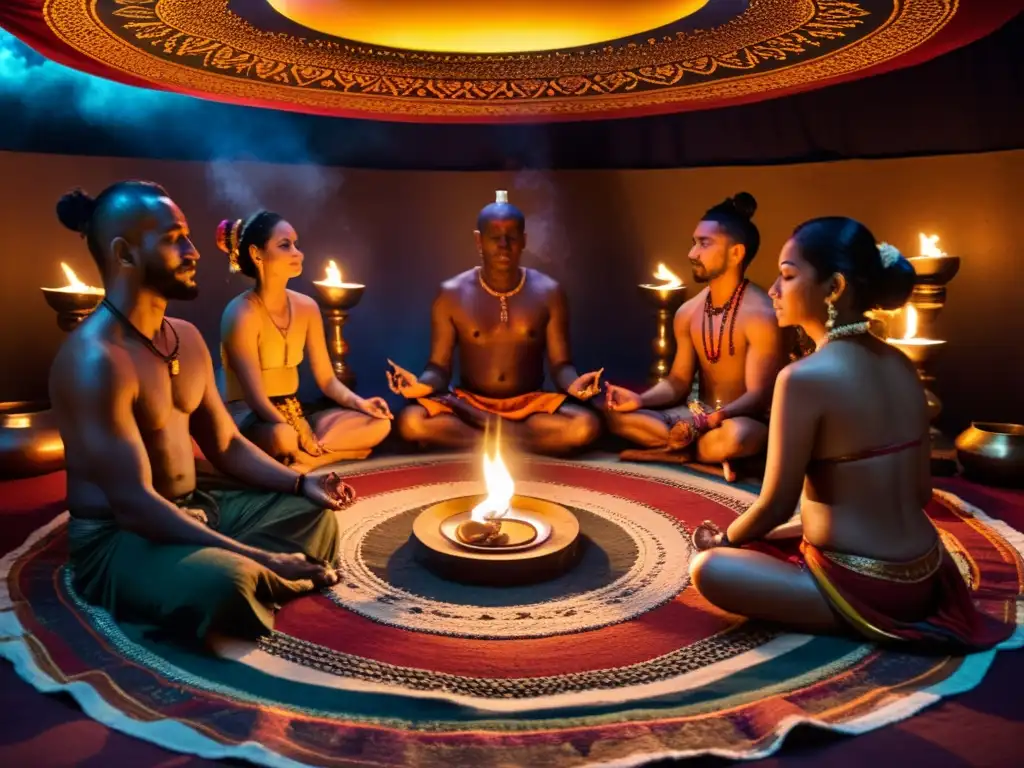 Un ritual de conexión en tantra: Participantes inmersos en un antiguo ritual, rodeados de velas y con expresiones de paz espiritual