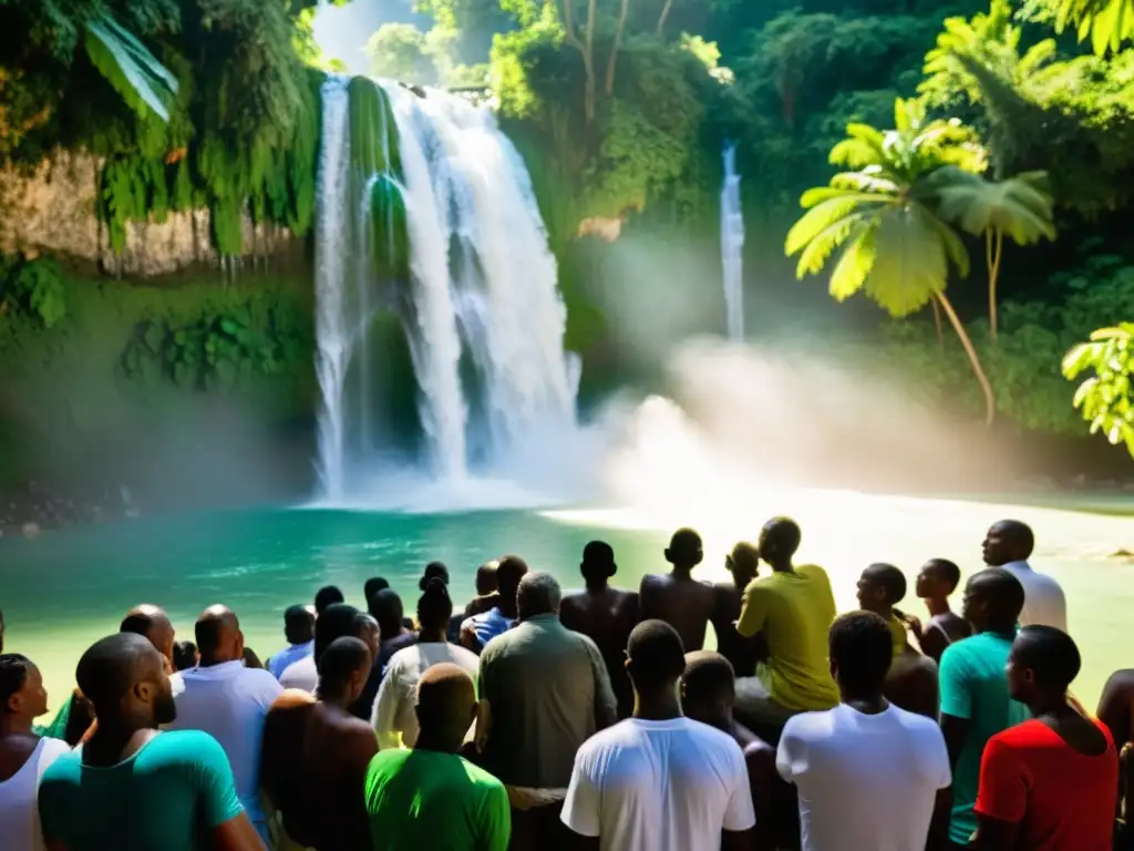 Ritual del Saut d'Eau en Haití: peregrinos se bañan y rezan en la cascada, rodeados de exuberante naturaleza y luz cálida