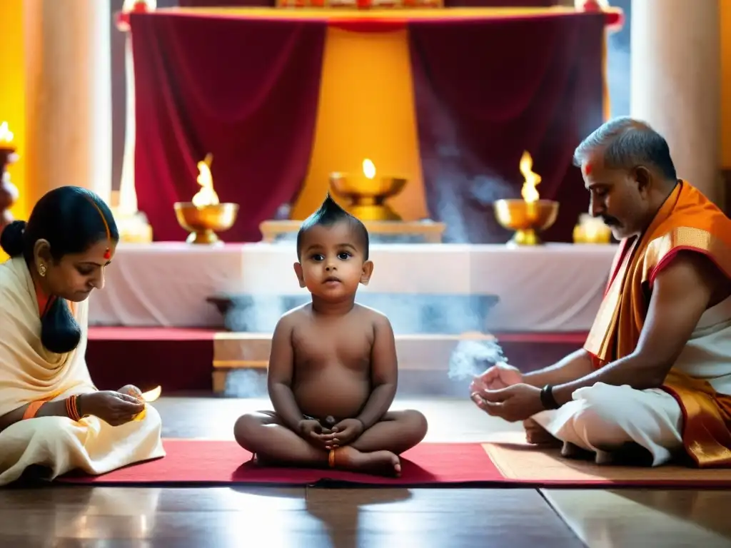 Ritual hindú del primer corte de cabello en templo iluminado, con familiares y sacerdote