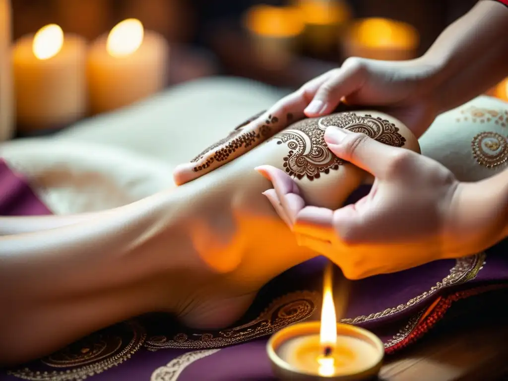 Un ritual de reflexología para bienestar: manos aplicando presión en los pies, decorados con henna, en un ambiente sereno con velas e incienso