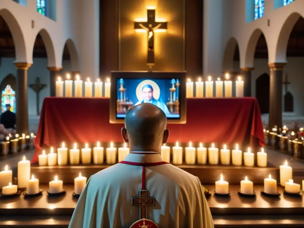 Ritual religioso en línea con digitalización de la ceremonia en una iglesia tradicional, con velas y sacerdote frente a cámara