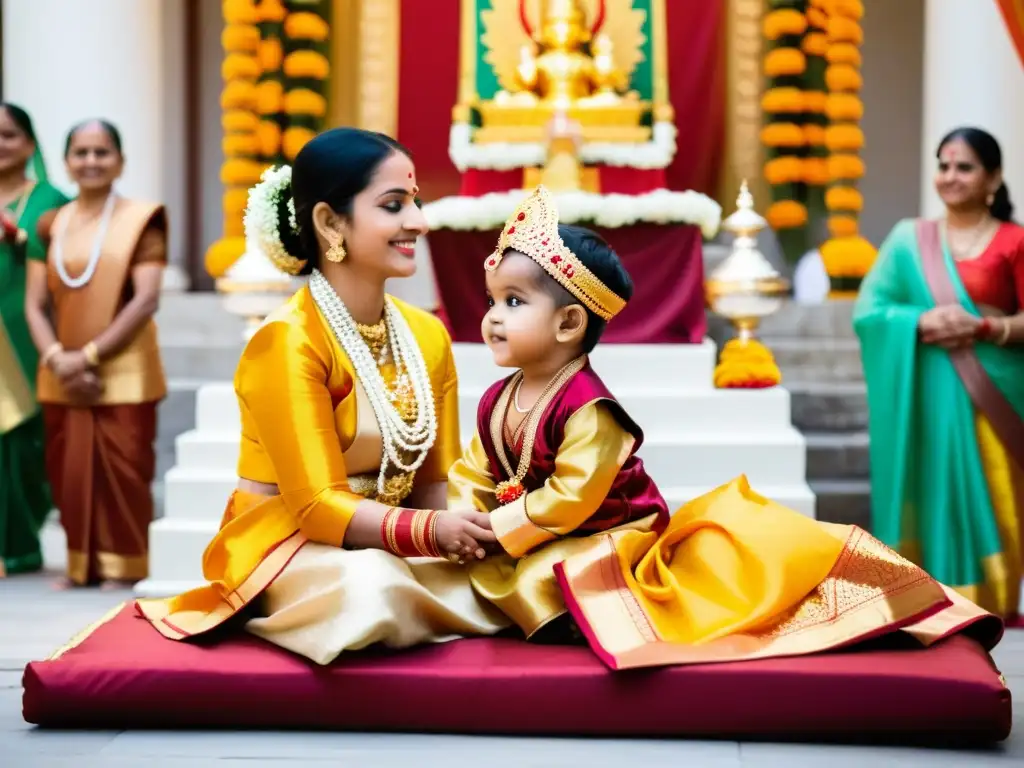 Ritual de Nishkramana hindú: Colorido ritual en templo con niños, padres y sacerdote