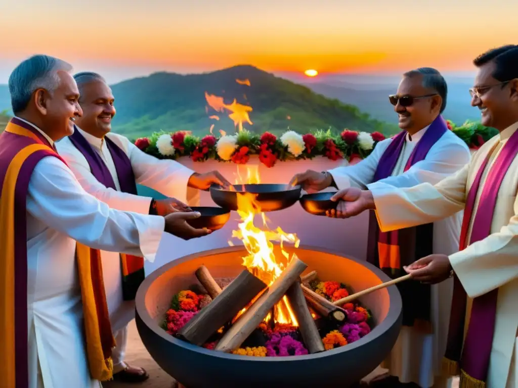 Ritual sagrado de Yajna, sacerdotes, fuego y atardecer vibrante