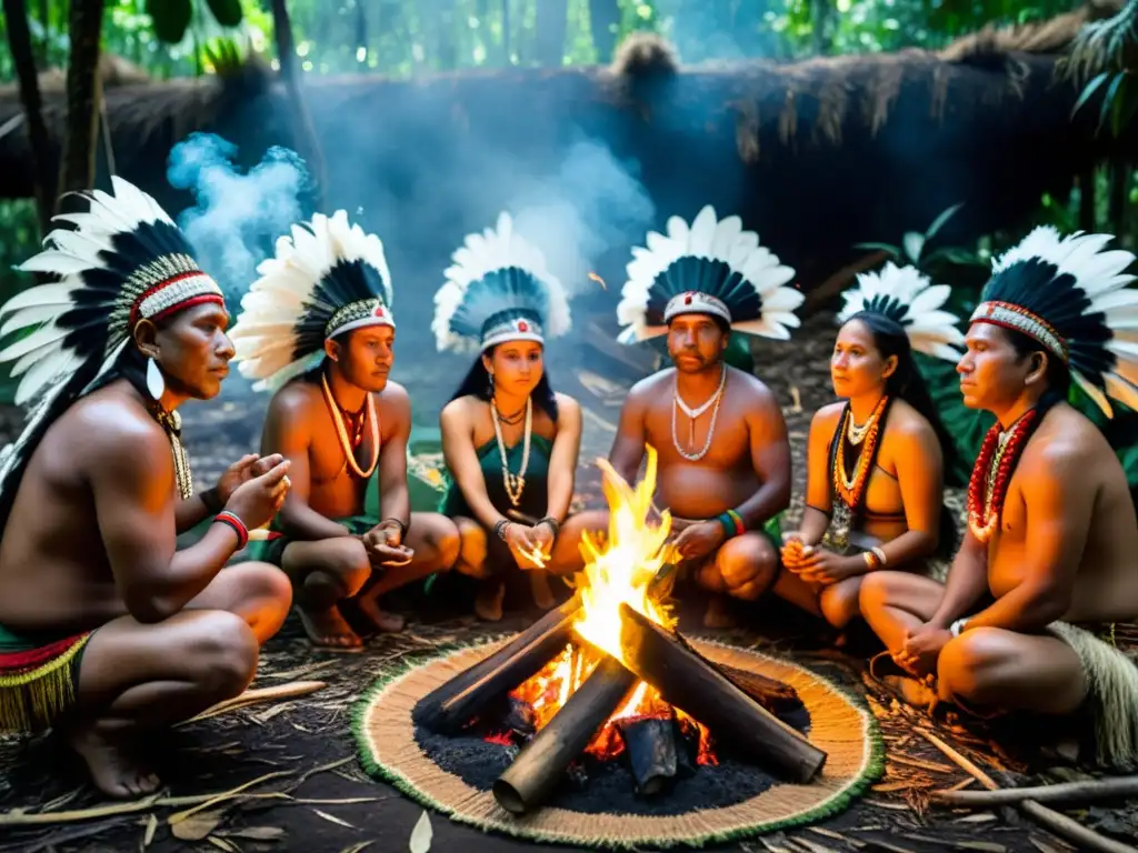 Ritual sagrado de indígenas en la selva, con vestimenta tradicional y fuego