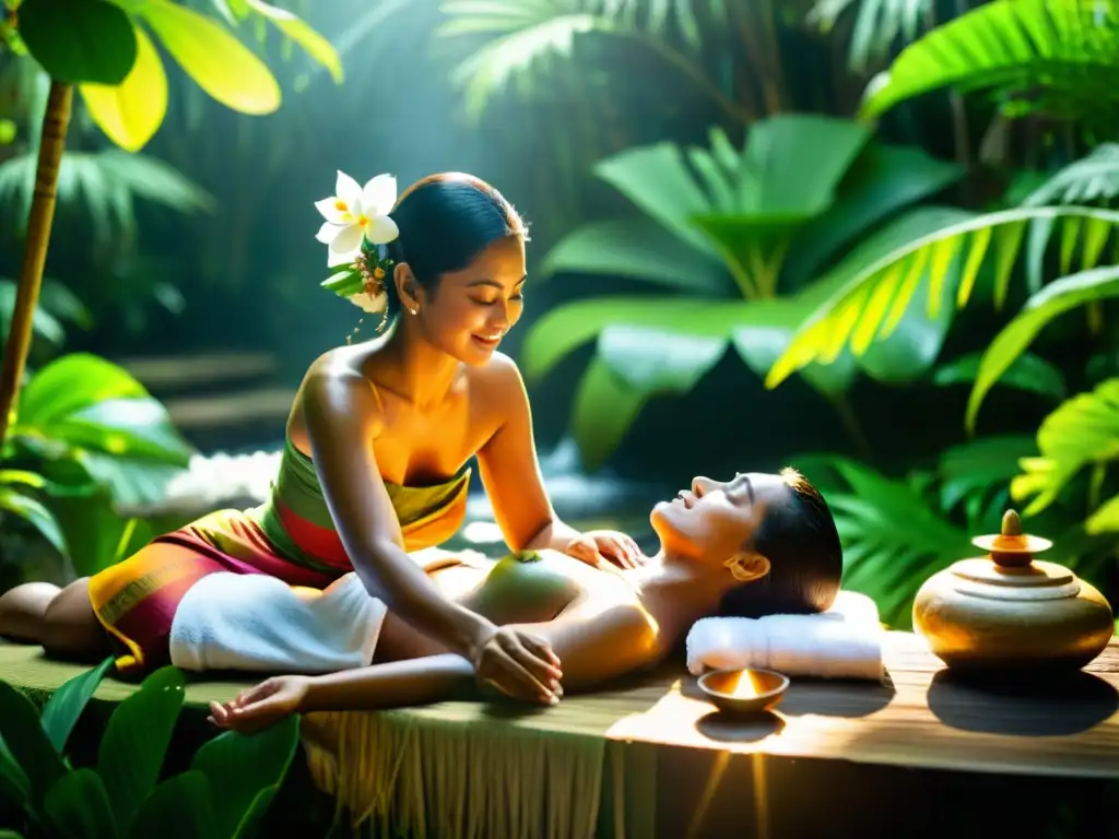 Un ritual de sanación balinés en un spa rodeado de exuberante vegetación tropical y tranquilidad, evocando ceremonias de sanación en Bali