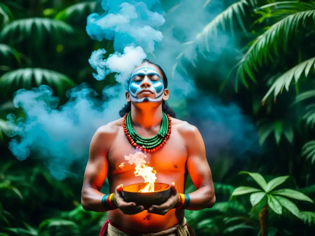 Shamán en ritual de sanación en la selva amazónica, rodeado de vegetación exuberante y luz cálida del fuego