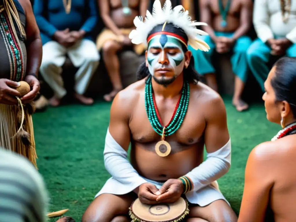 Un ritual de curación chamánico en América del Sur: el chamán lidera la ceremonia rodeado de personas en profunda conexión espiritual